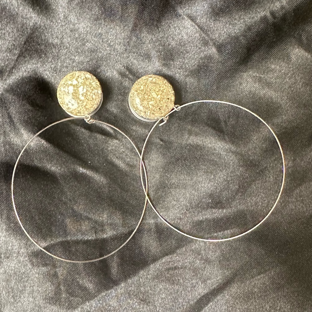 Handmade Silver Crushed Glass With Hoop 9/16 Gauge Plug Earrings